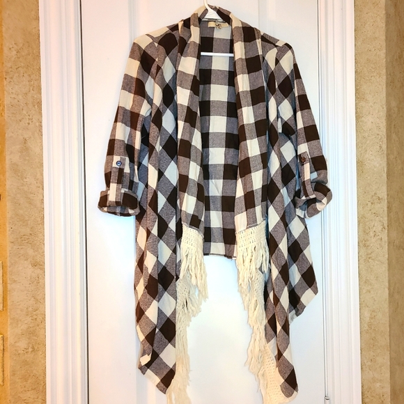 Ya Los Angeles Open Front Plaid Fringed Cardigan Brown - Picture 1 of 7